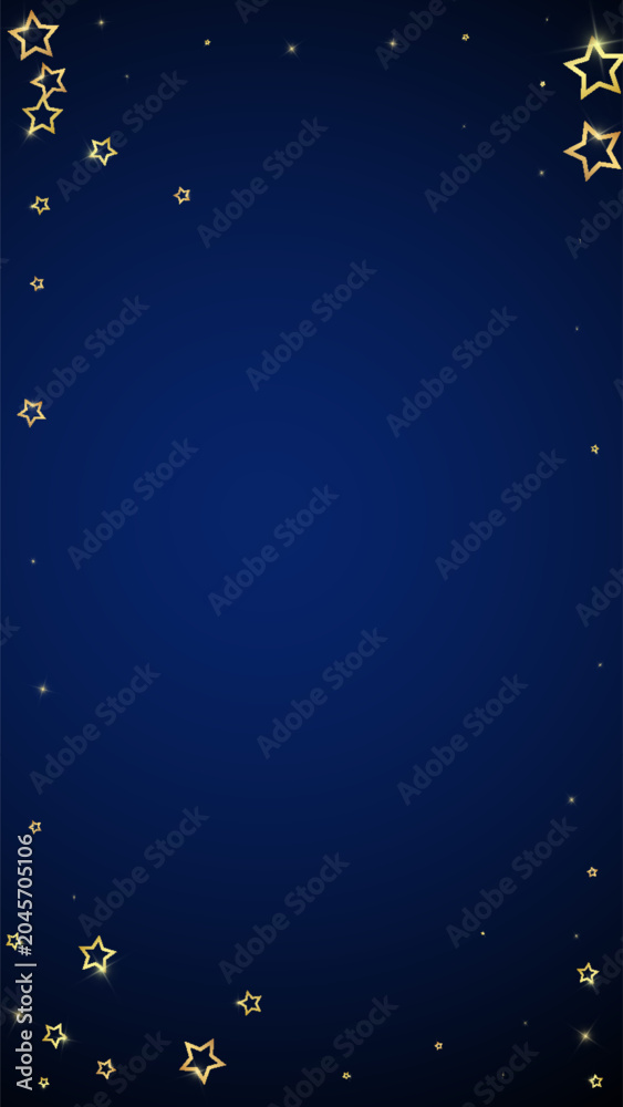 Fototapeta premium Twinkle stars scattered around randomly, flying, falling down, floating. Christmas celebration concept. Festive stars vector illustration on dark blue background.