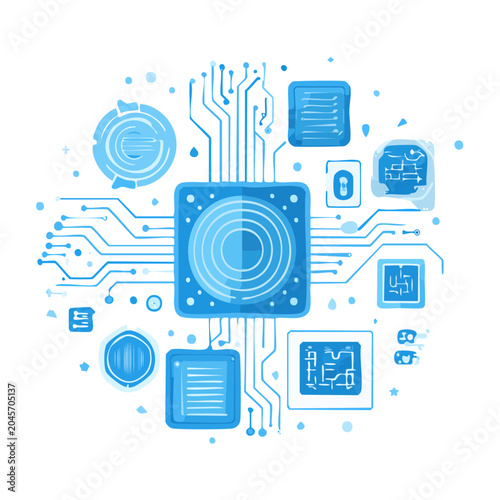 Abstract blue circuit board with microchip and data elements