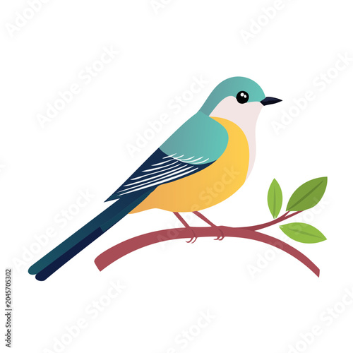 Flat design illustration of a colorful bird perched on a branch