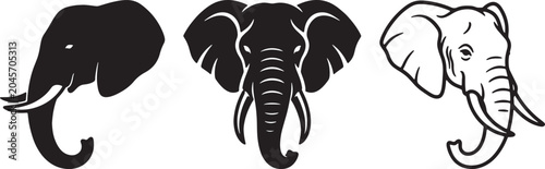 Collection of three stylized elephant heads, showcasing different artistic interpretations from silhouette to detailed line art.