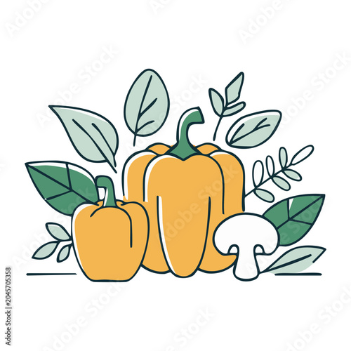 Flat design illustration of yellow bell peppers, mushroom, and leaves