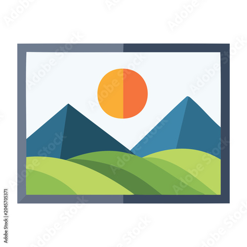 Flat design landscape painting with sun, mountains and hills