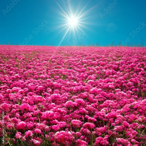 Fields of Pink Flowers Bloom Under a Bright Sun in a Clear Blue Sky During Mi...