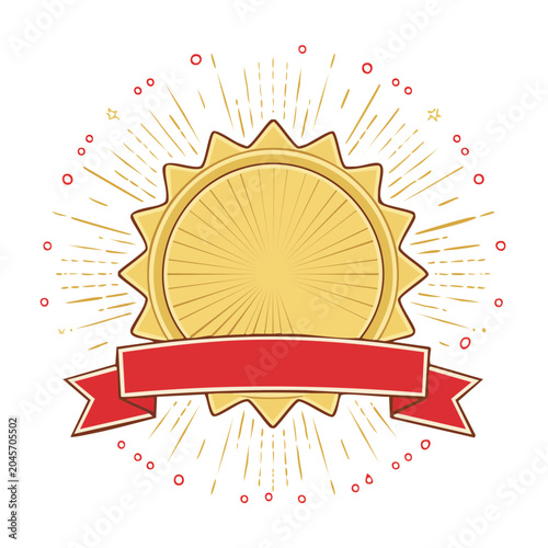 Gold award medal with red ribbon and sunburst