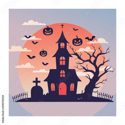 Halloween haunted house with pumpkins and bats under the moon