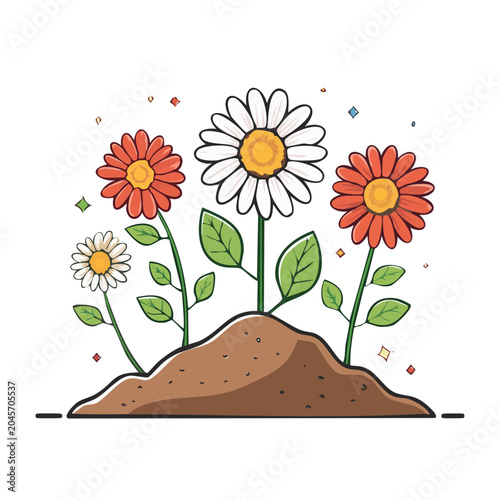 Illustration of colorful flowers growing from soil
