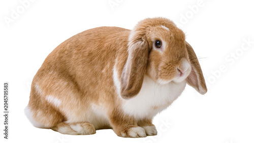 Brown and white lop-eared rabbit sitting