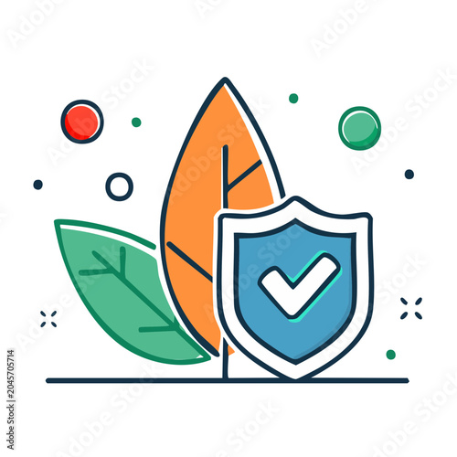 Shield with checkmark and leaves, representing security and