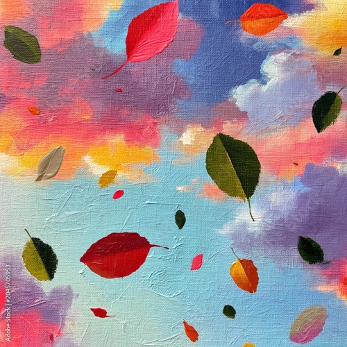 Bright Leaves Float in the Sky Above Colorful Clouds During a Warm Autumn Day