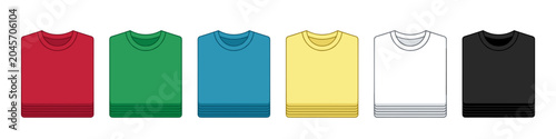 Set of folded t-shirt mockup stacks in various colors. Neat laundry clothing pile on transparent background. Apparel store display template vector illustration.