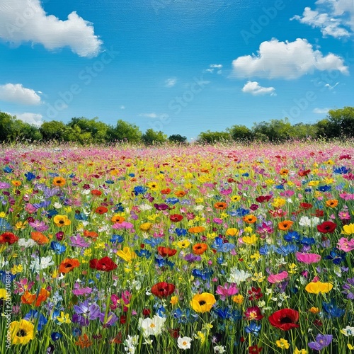 Colorful Field of Flowers Under Clear Blue Sky During Daytime in Spring Season