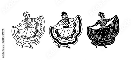 Schilderij op canvas Folkloric Dancer Vector Icons, Traditional Dress Silhouette, Festive Celebration