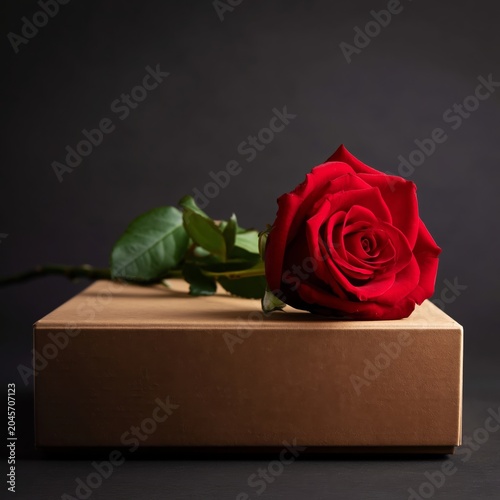 Red Rose Placed on a Brown Gift Box in a Simple Indoor Setting