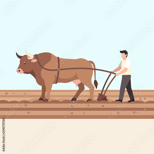 Εκτύπωση καμβά A farmer plowing a field with an ox in a rural agricultural setting