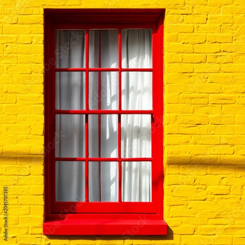 Bright Red Window on a Yellow Brick Wall With White Curtains in Clear Daylight