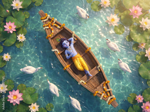 Young Lord Krishna Resting on a Wooden Boat in Serene Waters – Divine Spiritual Artwork