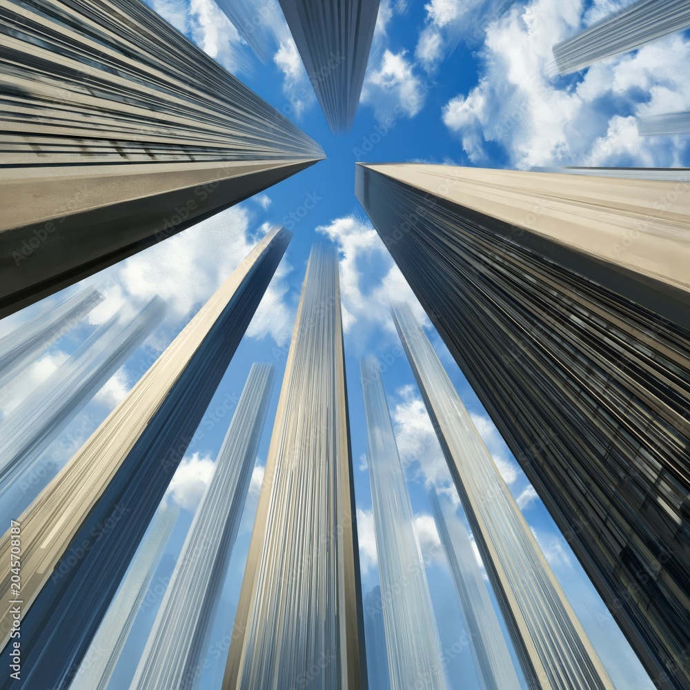 Naklejka premium View of Tall Columns Against a Cloudy Sky From Below in an Open Space