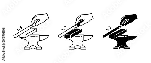 Blacksmithing Icons: Sharpening Tools on Anvil, Metalworking Process, Craftsmanship