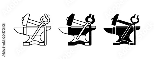 Blacksmith Tools Icons, Anvil, Hammer, Tongs. Metalworking Craft Symbols