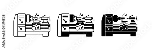 Lathe Machine Icons, Metalworking Equipment, Industrial Tool Vector Set