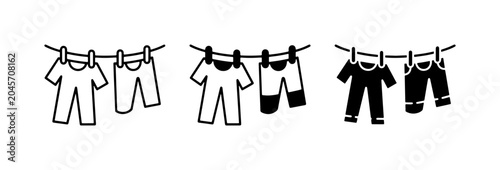 Laundry Day Icons: Clothesline Drying, T-shirts, Pants, Black and White Vector Graphics