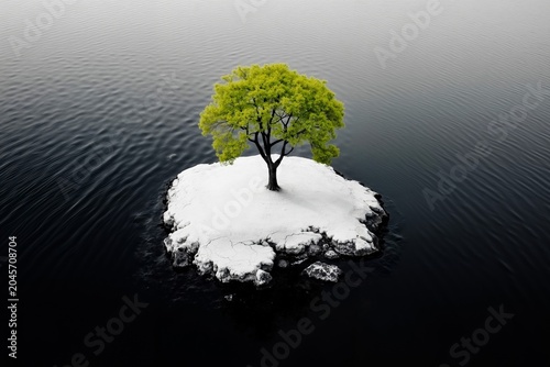 A lone tree on a small island in the middle of a lake