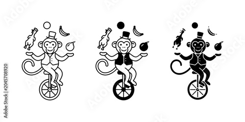 Canvas Print Circus Monkey Juggling on Unicycle, Vector Icons Set, Black and White