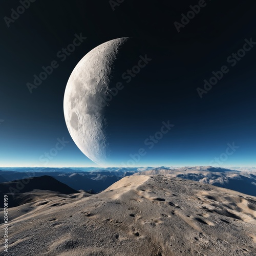 View of the Moon From a Distant Mountain Surface Near Sunset in a Vast Landscape
