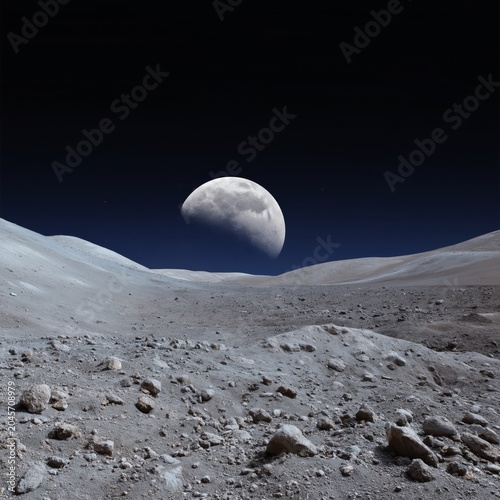 View of the Moon From a Distant Mountain Surface Near Sunset in a Vast Landscape