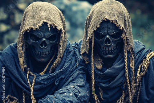 Two skeletons wearing burlap hooded cloaks with skulls on their heads