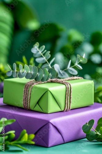 A stack of green and purple wrapped presents on a green background