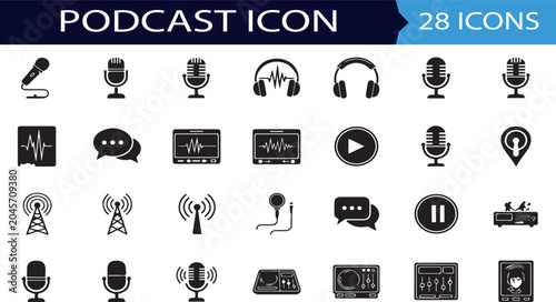 Photos Podcast icon set with professional microphone and audio equipment art