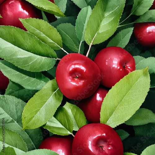 Fresh Red Apples on Green Leaves in a Garden Setting During Daylight Hours