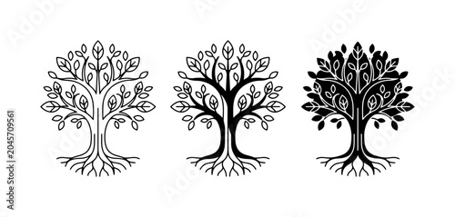Foto Stylized Tree of Life Vector Icons, Family Tree Symbol, Roots and Branches, Blac
