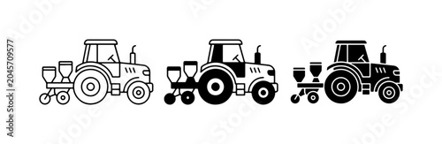 Foto Tractor with Planter Icons, Agricultural Machinery Vector Set, Farming Equipment