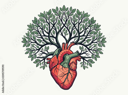 Photos Conceptual Illustration of a Human Heart Growing into a Tree with Green Leaves,