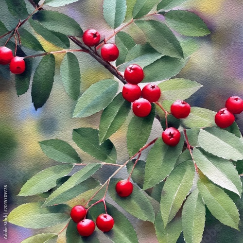 Bright Red Berries Grow on Branches With Green Leaves in a Simple Natural Set...