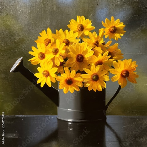 Flowers in a Watering Can on a Gray Background With Yellow Blooms Scattered A...