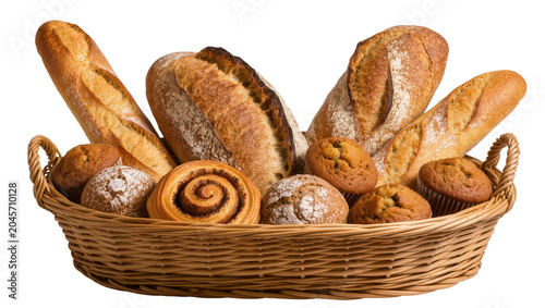 Fotografie Wicker basket filled with assorted baked goods baguettes muffins cinnamon roll,