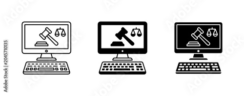 Bild auf Leinwand Digital Justice Icons: Computer with Gavel and Scales of Justice, Legal Technolo