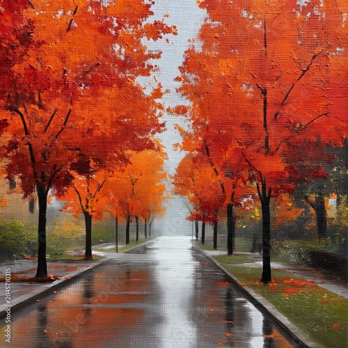 Trees With Orange Leaves Line a Wet Road in Autumn During a Cloudy Day