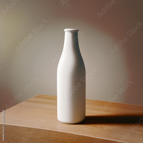 Blank Bottle Stands on Wooden Table Against a Dark Brown Background in a Simp...