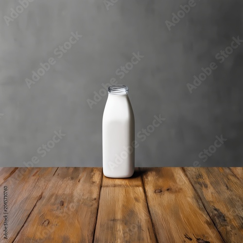 Fresh Milk Bottle on a Wooden Table Against a Gray Wall Background