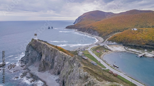 Photography Scenic cliff and rocky coastline near Dalnegorsk on the Sea of Japan, Russia, with cold water and overcast weather