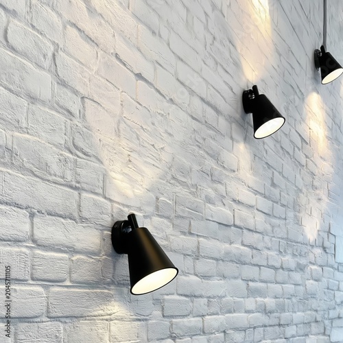 Three Black Pendant Lights Hanging Over a White Brick Wall in a Modern Setting