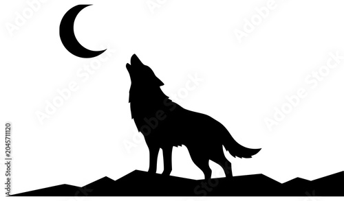 Photography Howling wolf silhouette under the crescent moon vector