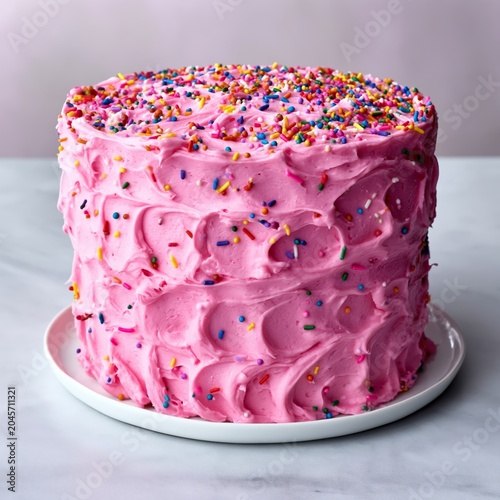 Colorful Cake With Pink Icing and Sprinkles Ready for a Celebration in a Brig...