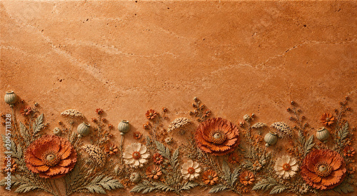 Luxury Terracotta Botanical Banner Background with Copy Space, 3D Clay Relief Wildflowers on Travertine Stone