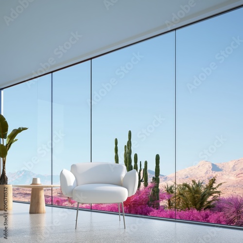 Modern Chair in a Bright Space With Large Windows Showing Mountains and Clouds