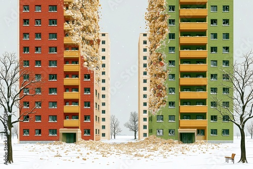 Apartment block damaged building shattered window facade damage urban ruin snow winter exterior residential building abandoned